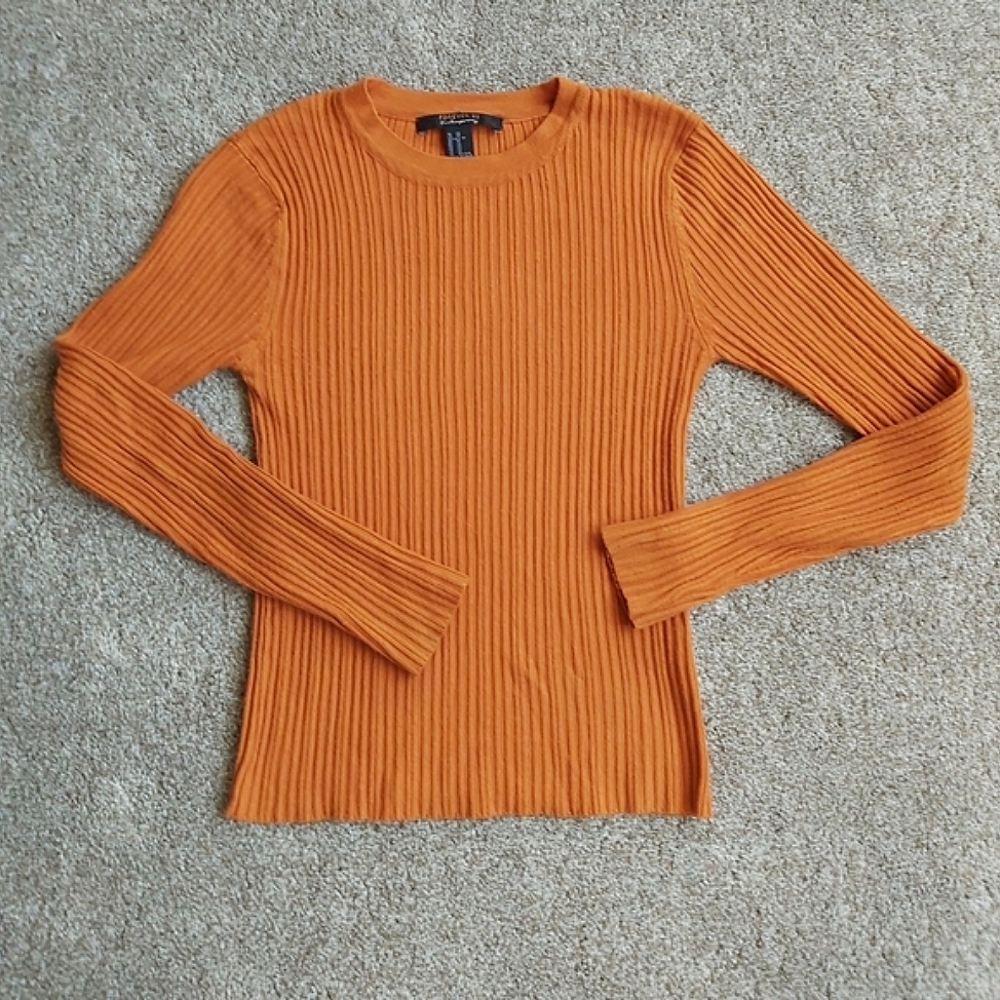 Forever 21 Contemporary Orange Ribbed Knit Crew Neck Sweater